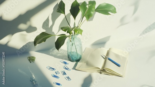 Serene workspace scene with natural light, notebook, and plant arrangement