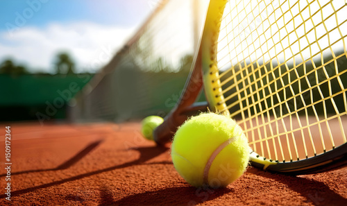 Tennis, Tennisschläger und Tennisball am Tennisplatz