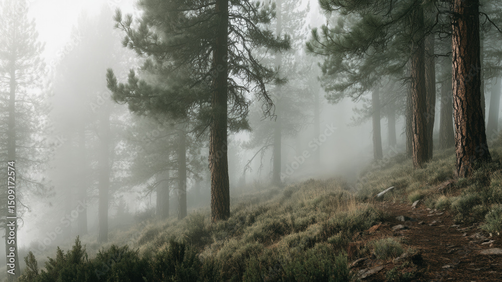 Fototapeta premium Foggy Pine Forest on a Mountain Slope with Trail and Misty Atmosphere in the Early Morning Light