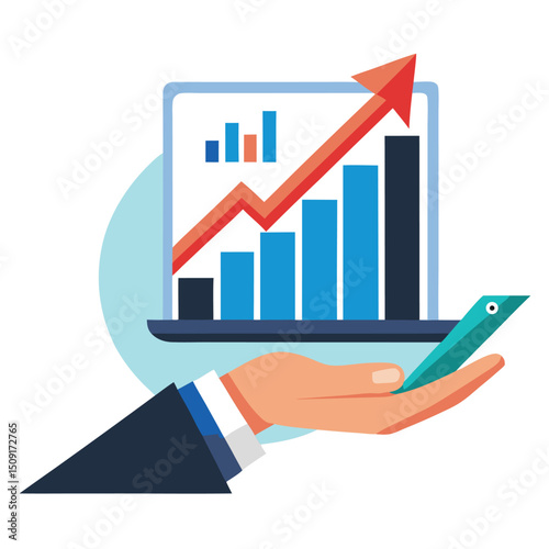Business hand displaying increasing growth and profitability on a laptop screen