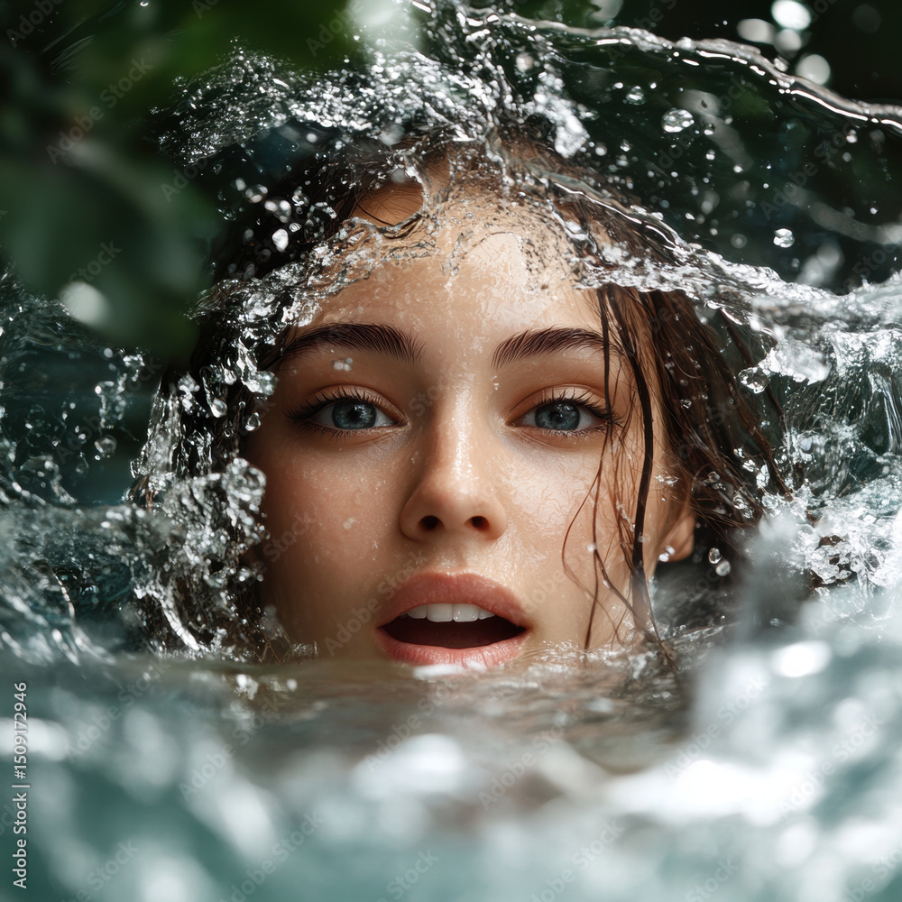 Obraz premium Young woman emerges from water, surrounded by splashes and droplets, showcasing natural and serene expression