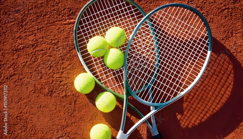 Tennis game. Tennis balls and rackets on background.