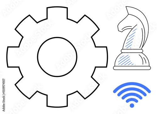 Gear symbolizes machinery and process, chess knight represents strategy, and wireless signal conveys technology. Ideal for innovation, planning, automation, digital transformation, connectivity