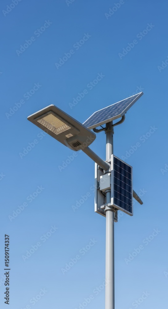 Solar panel street light on grey pole with blue sky background. Renewable energy lamp for sustainable infrastructure. Solar panel street light on grey pole with blue sky background. Renewable energy lamp for sustainable infrastructure.