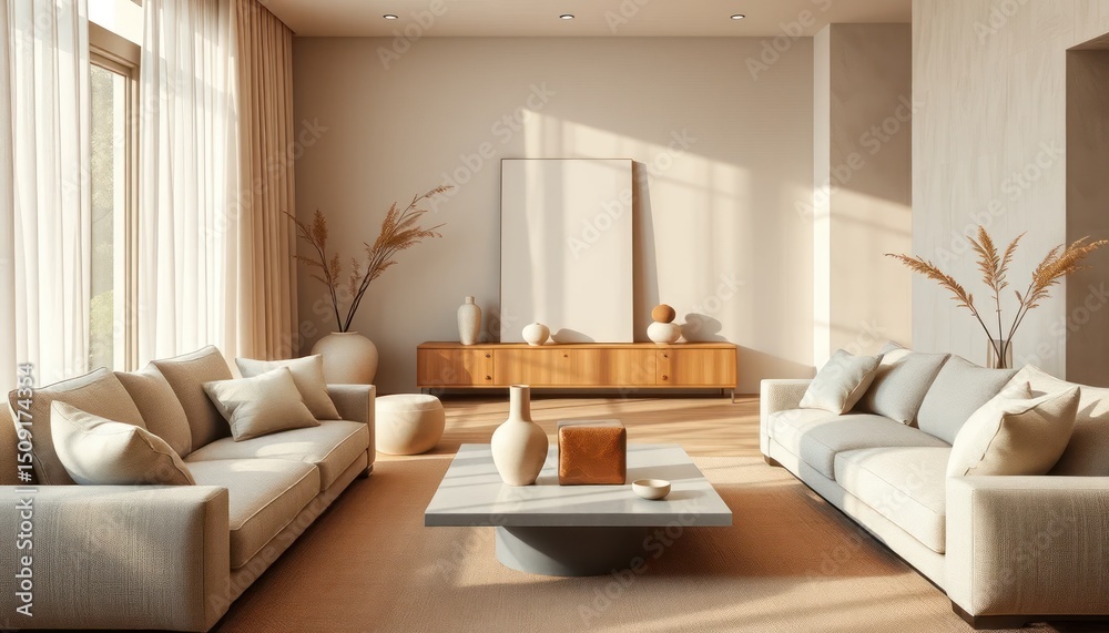 Fototapeta premium Modern living room interior with two beige sofas, square coffee table, wooden sideboard, and decorative vases, filled with natural light for a warm and stylish minimalist home design.