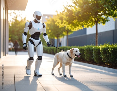 A humanoid robot walks a dog on a city sidewalk, bathed in warm sunlight