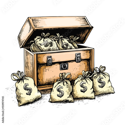 Secure Strongbox and Money Bags Scribble Vector Illustration for Financial and Banking Concepts