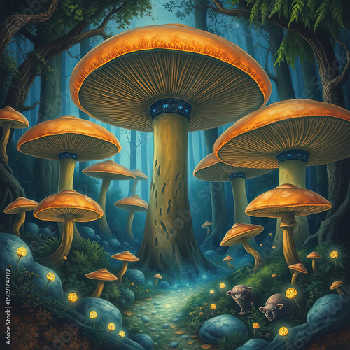 A fantasy world of an enchanted forest with giant mushrooms, and mysterious creatures, illuminated by an ethereal light