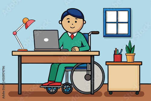 A cartoon illustration of a person with disability working at a desk with a laptop and accessories