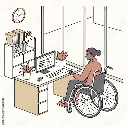 An illustration of a professional black woman using a computer while working in a modern office space