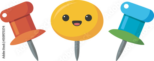 3D Push pin emoji icon set. Different-colored thumbtack with metal needles—office and school supplies. Stationery elements. Cartoon design objects isolated on a whit background. 3D Vector Illustration