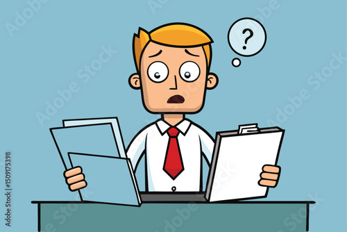 Animated office worker expressing confusion and doubt examining documents with question mark thought bubble