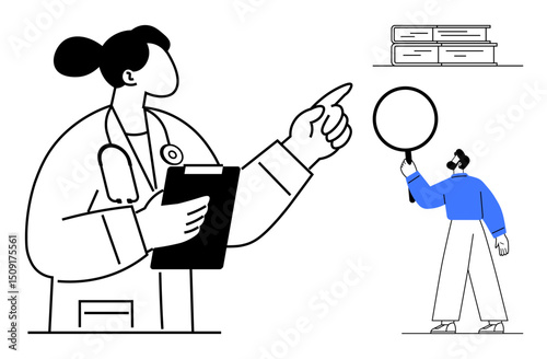 Medical professional gesturing towards researcher examining data. Ideal for healthcare, education, research, teamwork, innovation, analysis, science communication, simple landing page