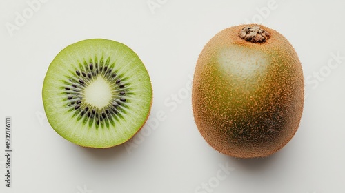 Fresh kiwi fruit, a whole and a sliced specimen.