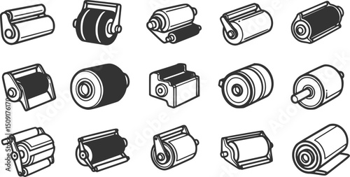 vector set of outline silhouette Printing roller Flexography icon set
