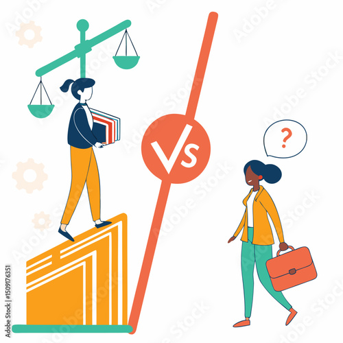 Businesswomen assessing legal decisions represented by a balanced scale of justice in an illustration for concepts