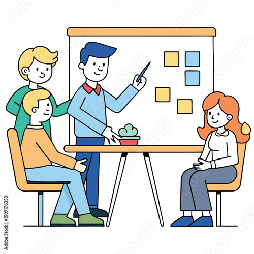 Business team members collaborating during a presentation on a whiteboard in a modern office environment
