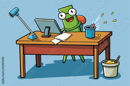 Cartoon character working at desk vector illustration with computer monitor pencil cup and office lamp on a blue backdrop