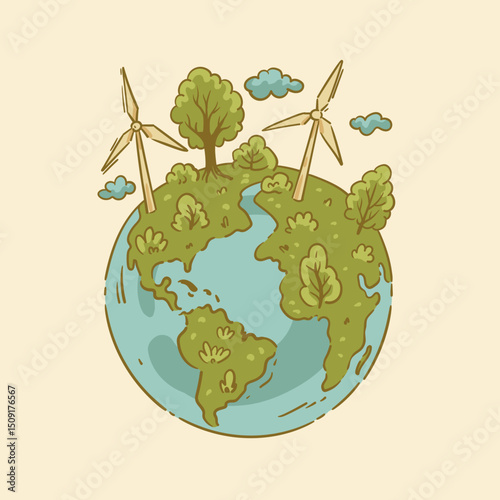 Cartoon Earth with Wind Turbines Illustration