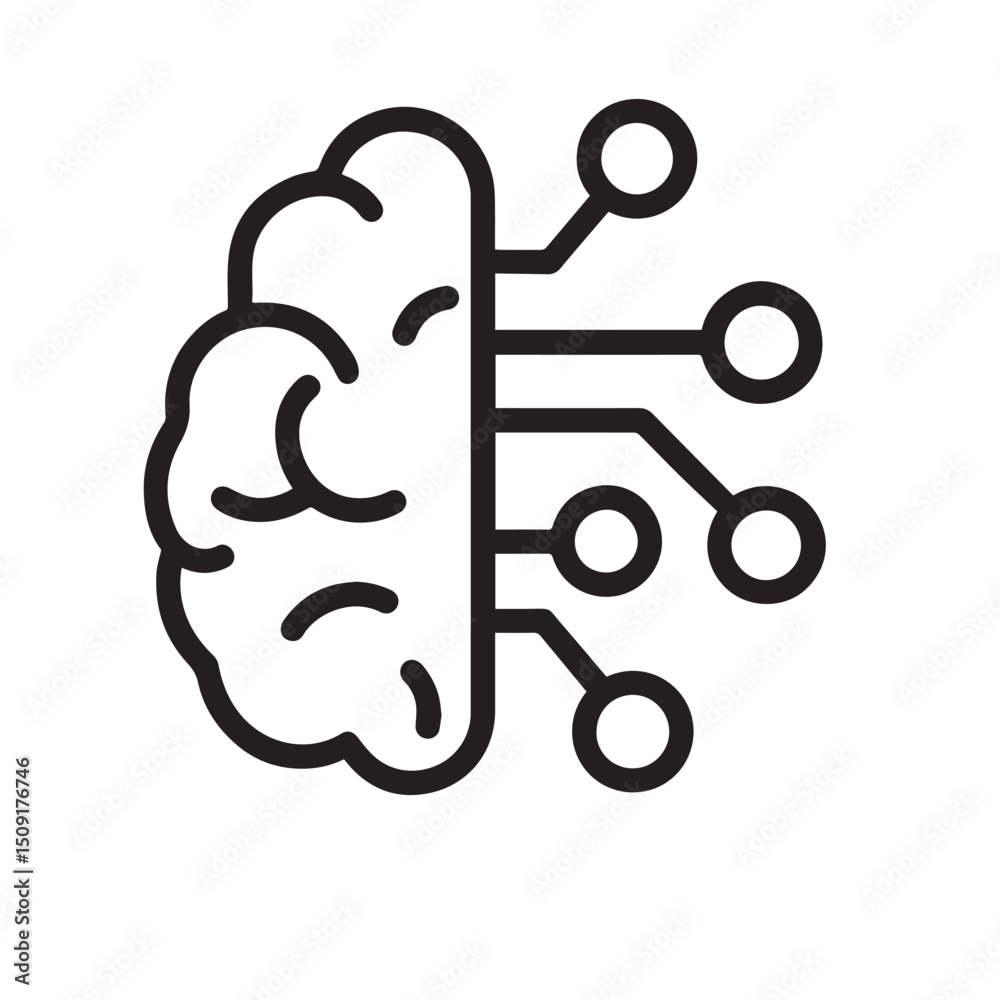 Brain with Circuit Board Elements – Simple Line Art, Black and White Minimalist Digital Technology Icon