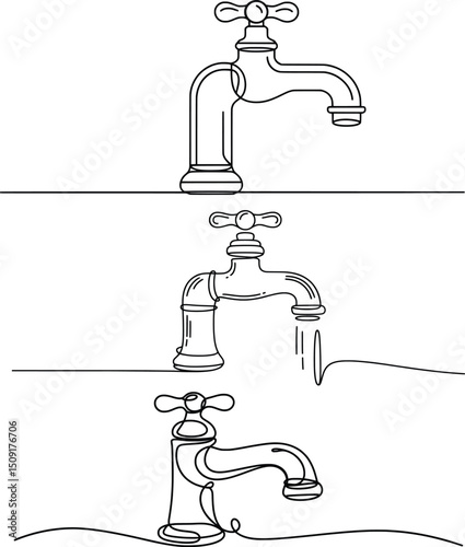 Set of Vintage Water Faucets Line Art Minimalist Illustration