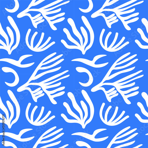 Blue seamless pattern with abstract shapes in Matisse style. Summer marine repeating background with algae, corals, Mediterranean rapport. Design backdrop for textile, print, paper, wrapping. Vector