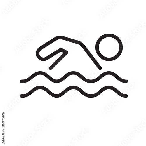 Swimming Pool with Water Waves and Sun Icon – Simple Line Art Minimalist Black and White Vector Illustration