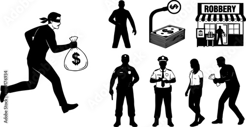 vector set of outline silhouette robbery icon set
