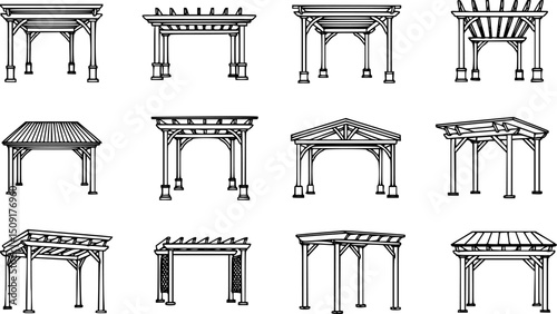 vector set of outline silhouette Pergola icon set
