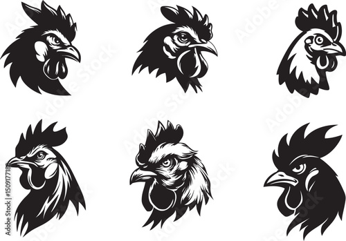Set of Minimalist Roosters – Full Body Line Art Chickens in Black and White