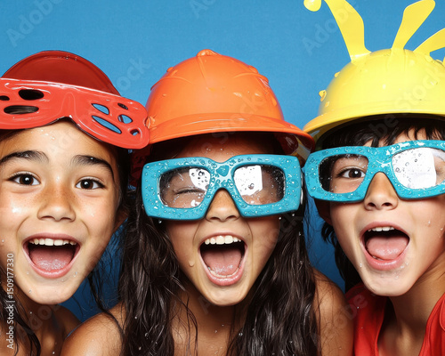 Young children wearing colorful hats and oversized glasses, smiling joyfully in fun, playful atmosphere