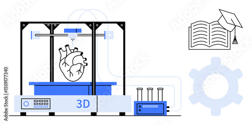 3D printer crafting anatomical heart with lab apparatus, gears, and open book with graduation cap. Ideal for healthcare, technology, education, research, innovation, design flat simple metaphor