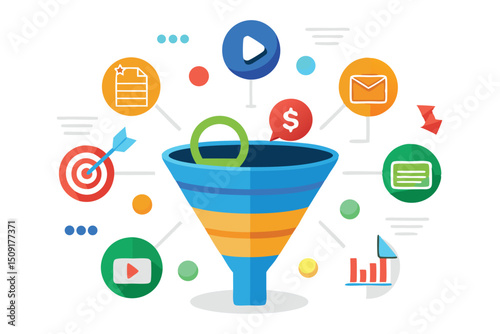 Colorful funnel diagram illustrating business conversion and marketing process elements on transparent background