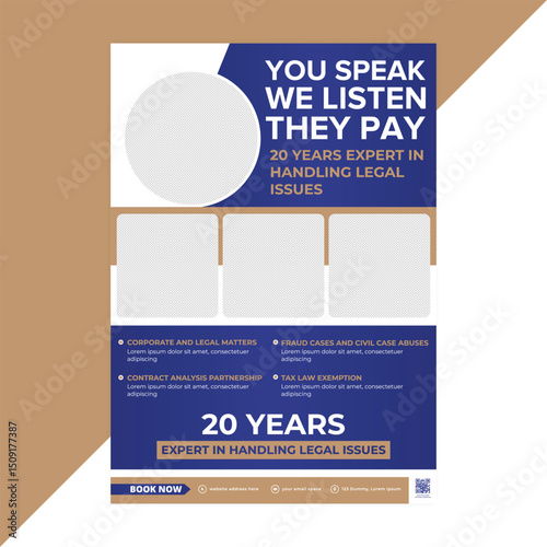 Minimalist legal service flyer template suitable for attorneys and law offices offering compliance advice, courtroom representation, and contract drafting through effective marketing