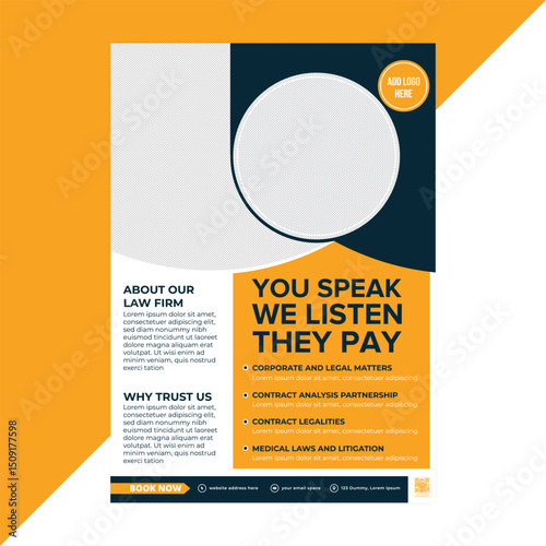 Creative legal flyer design tailored for law firms and advocates to promote legal counsel, lawsuit assistance, and contract management in a professional and visually appealing format