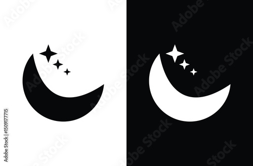 Moon icon vector. Night symbol. Moon with stars. Moon with stars icon on background. Moon with three star black and white phases icon. Vector illustration. Eps file 77.