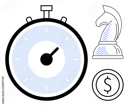 Stopwatch emphasizes time management, knight suggests strategic planning, and dollar sign symbolizes financial goals. Ideal for productivity, business, decision-making, efficiency, competition