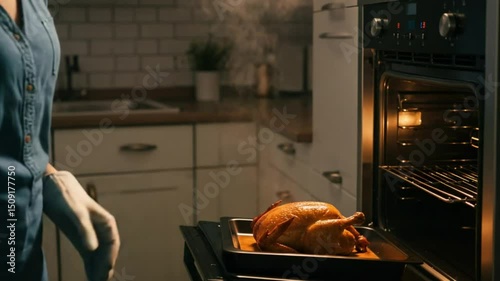 Roasted chicken in oven in home kitchen backdrop