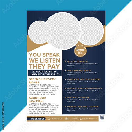 Modern legal flyer template perfect for law offices and solicitors to advertise litigation, contracts, and legal consultation services through digital and print platforms