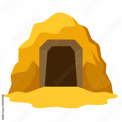 Entrance to a stone cave, old cave in rock on yellow soil vector icon on white background.