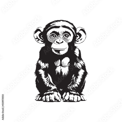 A young chimpanzee, sitting upright, with large expressive eyes, a small button nose and a friendly curious expression