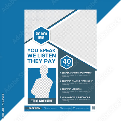 Professional legal service flyer template designed for law firms, attorneys, and legal consultants to promote justice, legal advice, and courtroom services effectively online
