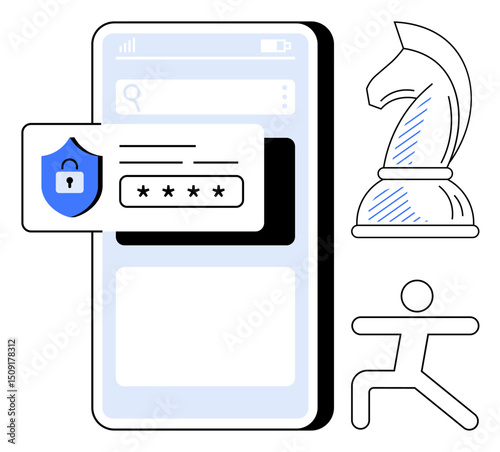 Mobile screen with password entry and shield icon, chess knight symbolizing strategy, figure in agile pose. Ideal for cybersecurity, strategy, agility, protection, risk management, technology