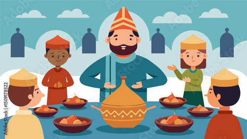 A student from Morocco introduces their classmates to the rich and flavorsome world of tagines and couscous.. Vector illustration