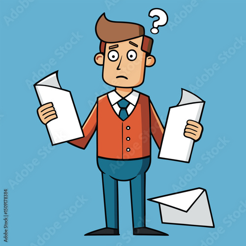 Confused business professional examining documents with question mark indicating uncertainty and doubt on light blue backdrop
