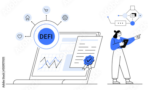 Laptop displaying analytics, DeFi badge, smart contract document, and user analyzing data. Ideal for finance, blockchain, cryptocurrency, innovation, analysis fintech simple landing page