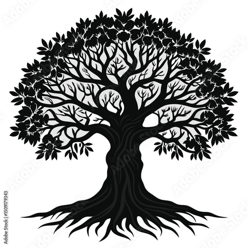 Elegant black and white tree vector silhouette illustrating nature and growth on white background