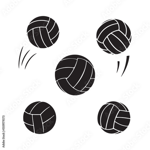 Black and white volleyballs in motion representing sports themed designs silhouette vector illustrations