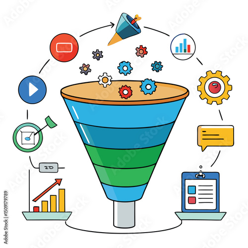 Illustrated digital marketing sales funnel with various icons showing stages and processes in sequence