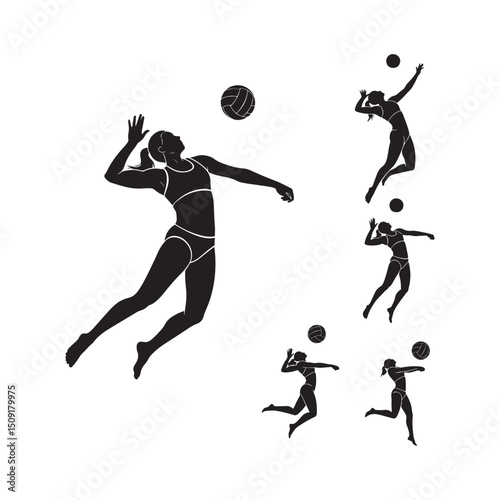 Black silhouettes of volleyball players with volleyballs on a white background design vector illustrations